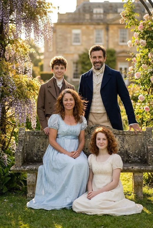 Photorealistic Regency garden family portrait
