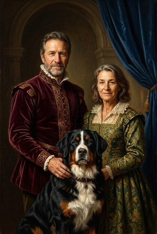 Renaissance oil painting of a couple with their dog