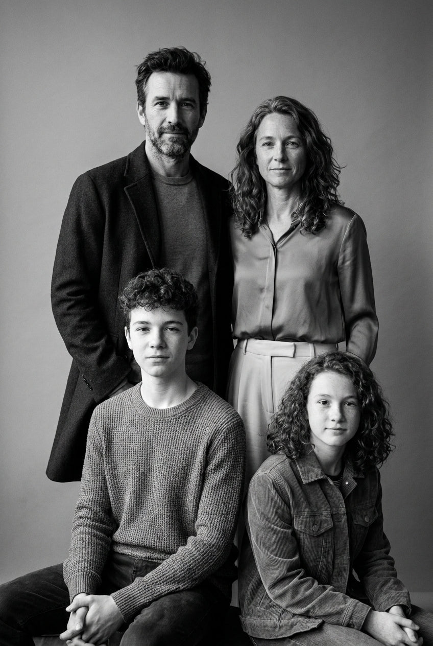 AI black and white family portrait of four, parents and two teenagers in an editorial studio photograph