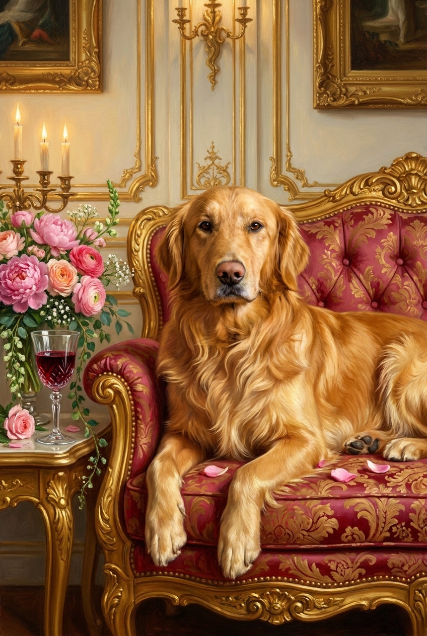 Regency painted portrait of a dog on a sofa