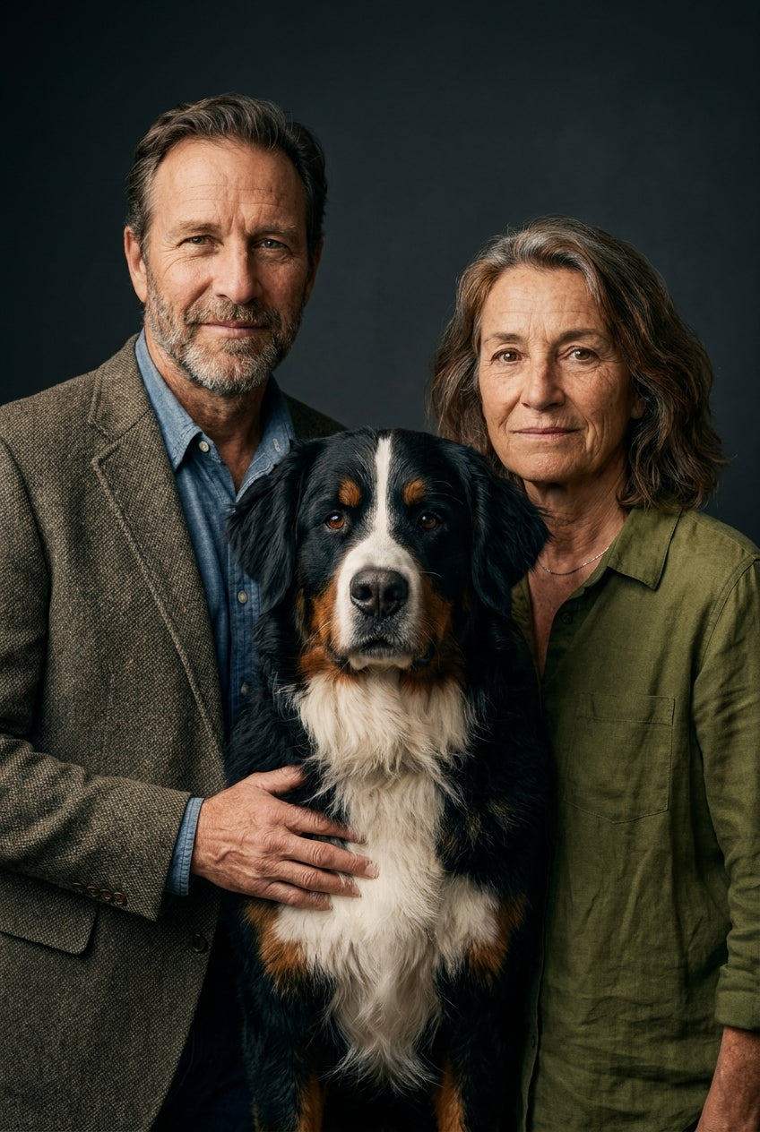 AI luxury studio portrait of a couple with their Bernese Mountain Dog