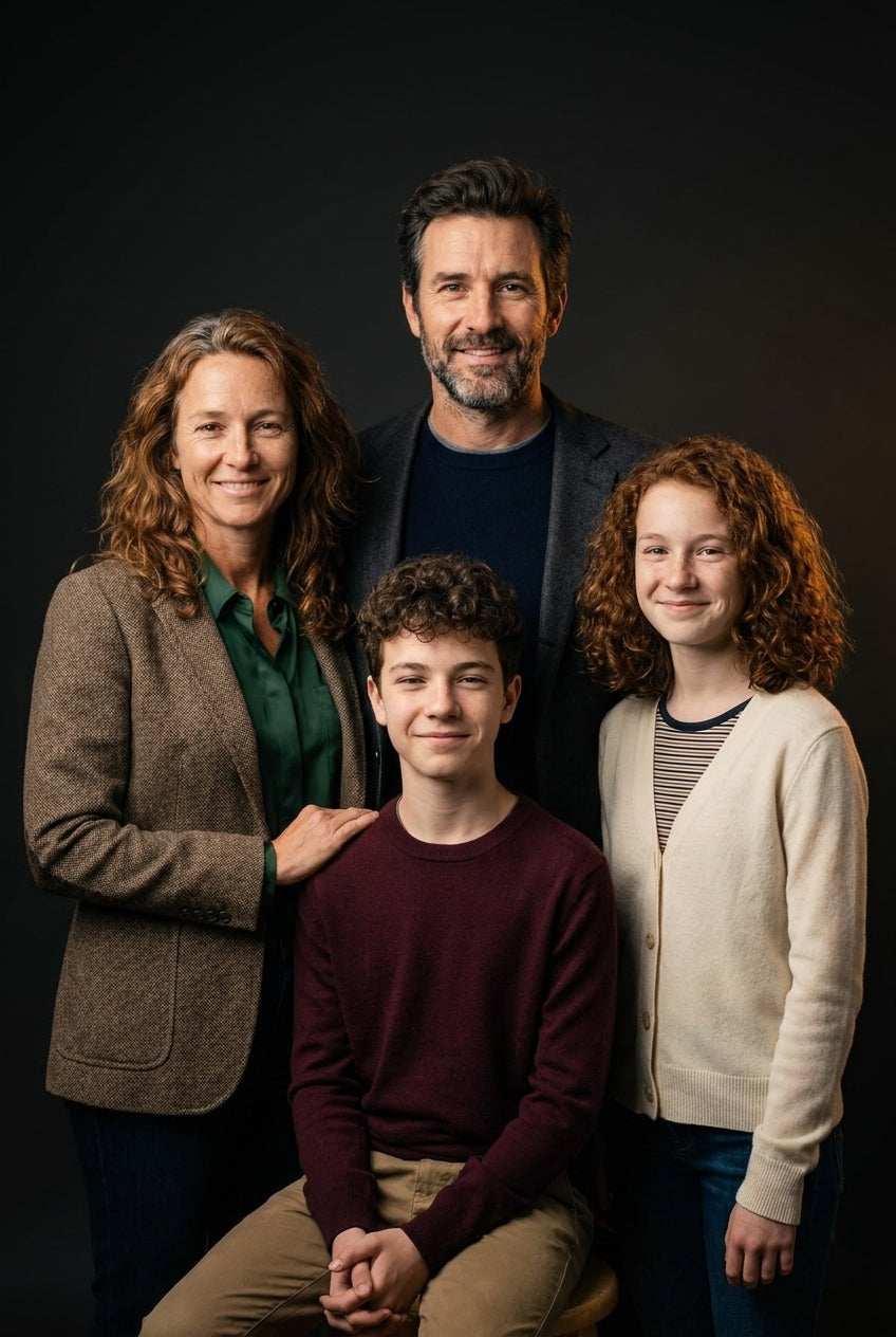 AI luxury studio family portrait of four in coordinated premium outfits against a dark backdrop