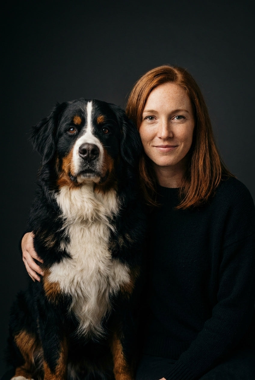 AI luxury studio portrait of a woman with her Bernese Mountain Dog