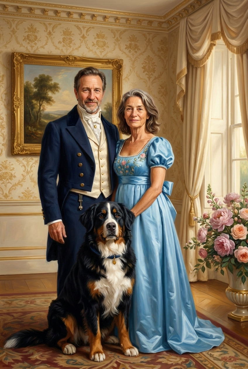 AI Regency oil painting of a couple in period attire with their Bernese Mountain Dog