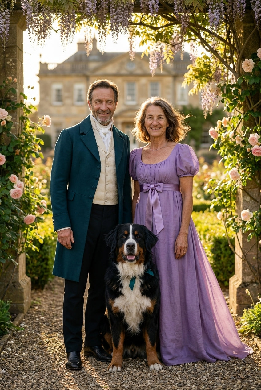 AI Regency garden portrait of a couple in period dress with their Bernese Mountain Dog