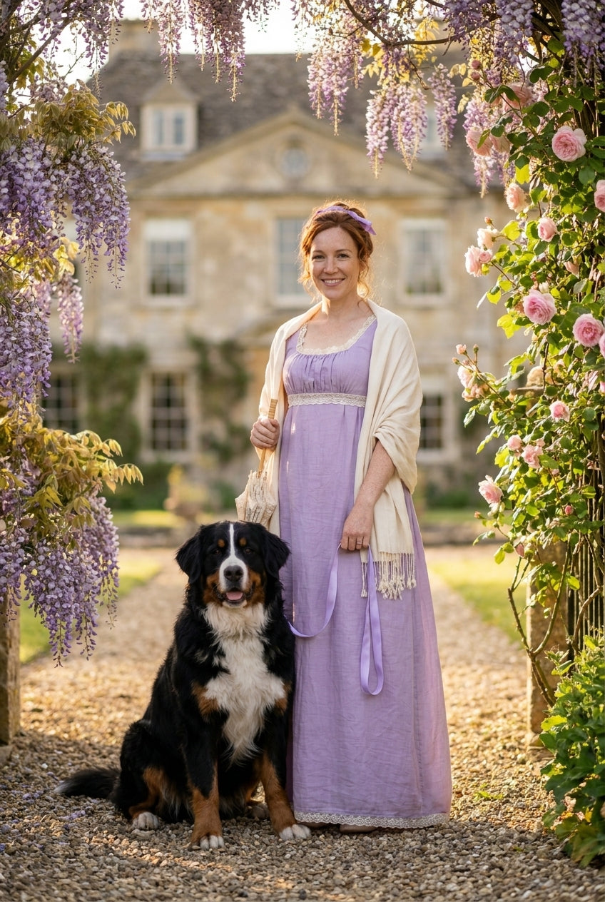 AI Regency garden portrait of a woman in a lavender gown with her Bernese Mountain Dog