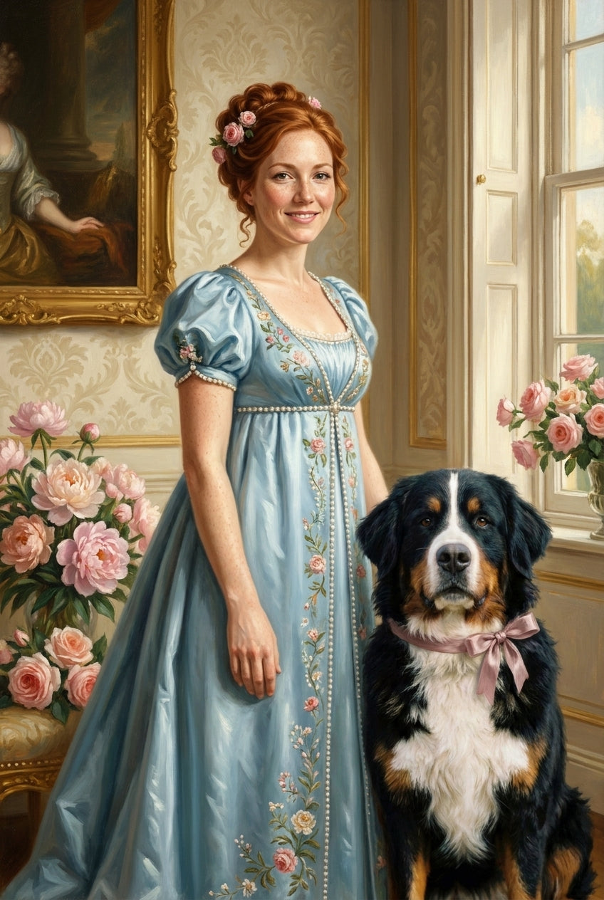 AI Regency portrait of a woman in a blue empire gown with her Bernese Mountain Dog