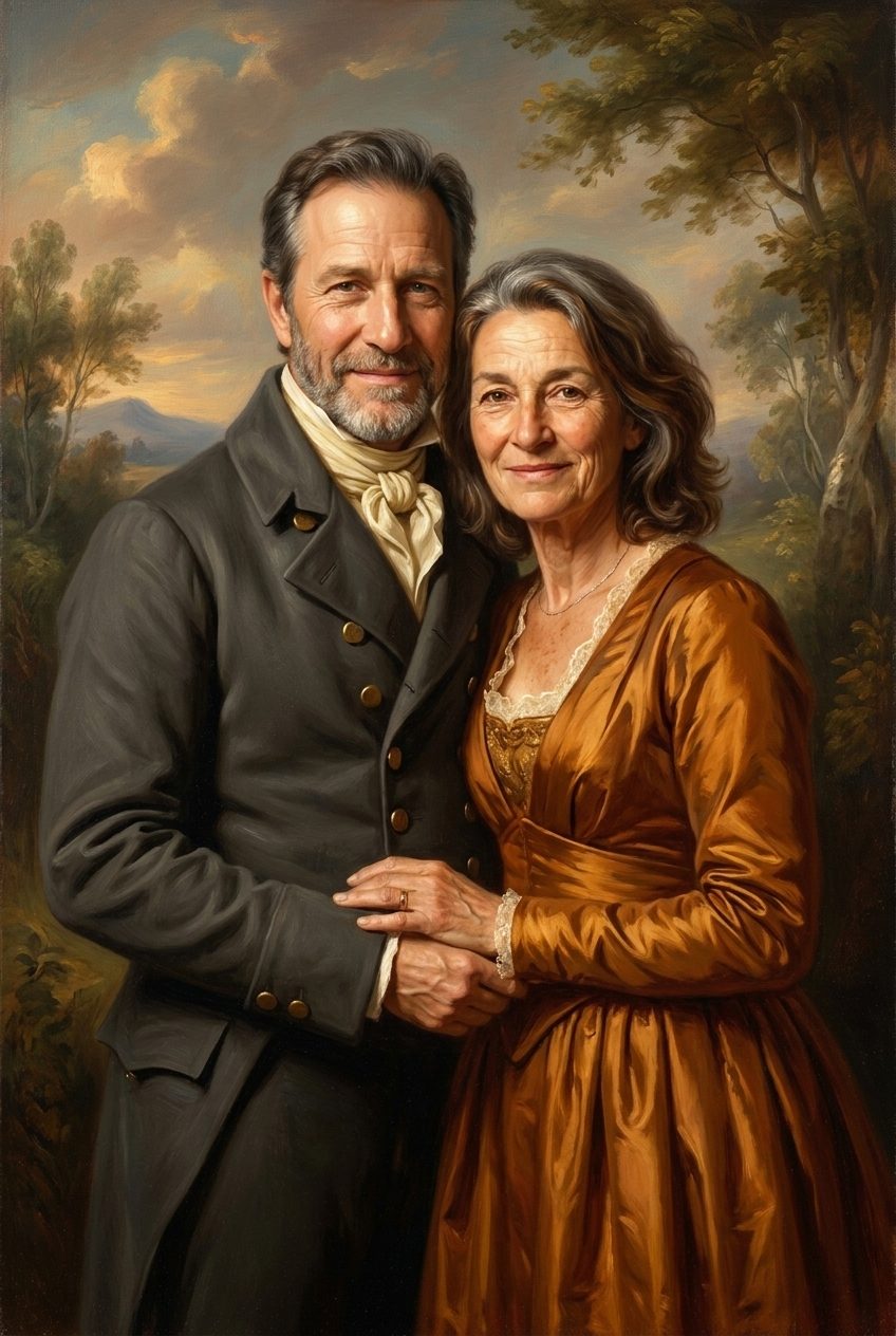 AI Renaissance couple portrait, husband and wife in period attire painted in the style of the Old Masters