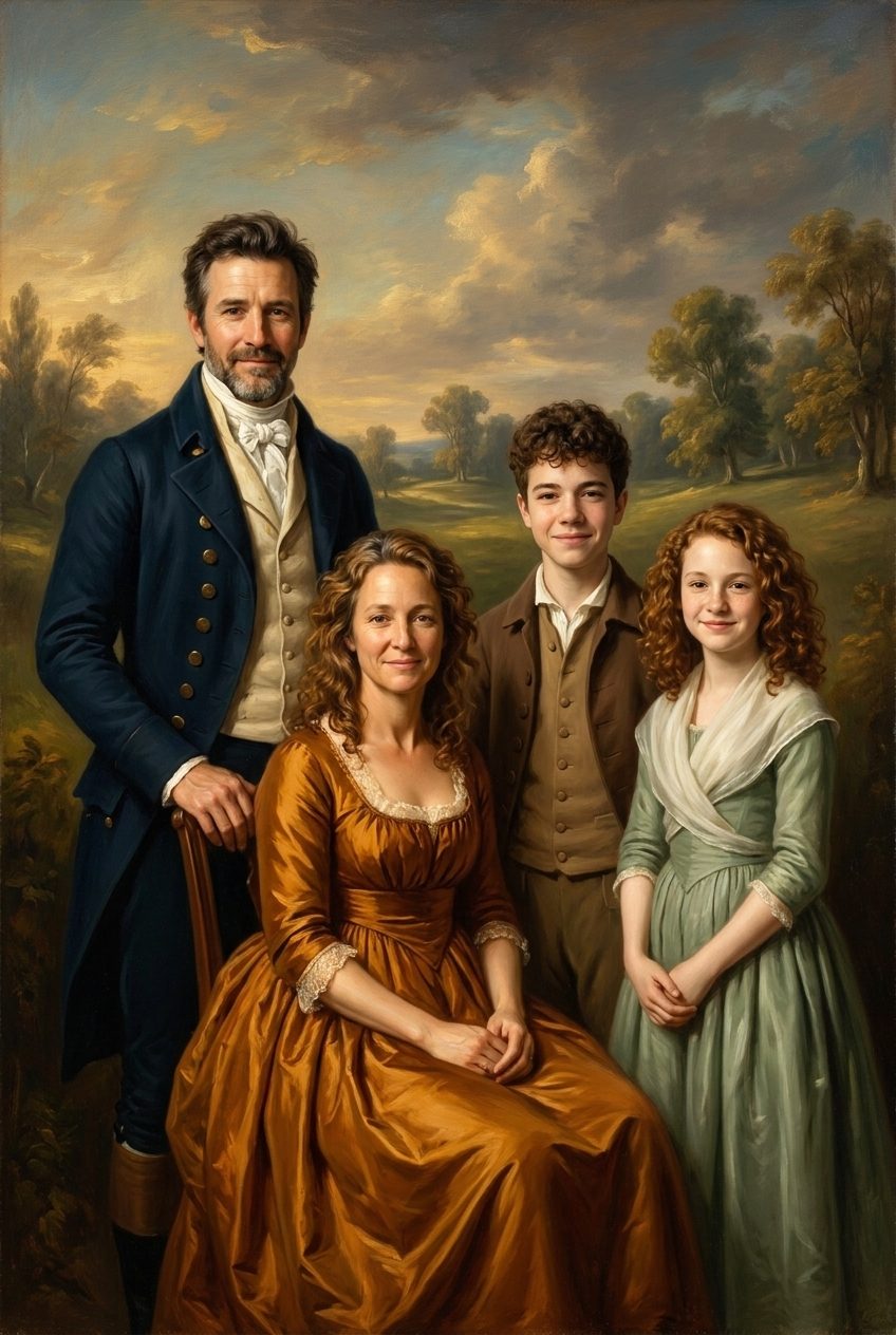 AI Renaissance family portrait of four, parents and two teenagers painted together as a classical oil painting