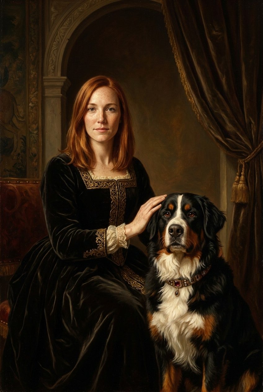 AI Renaissance portrait of a woman with her Bernese Mountain Dog, classical oil painting style